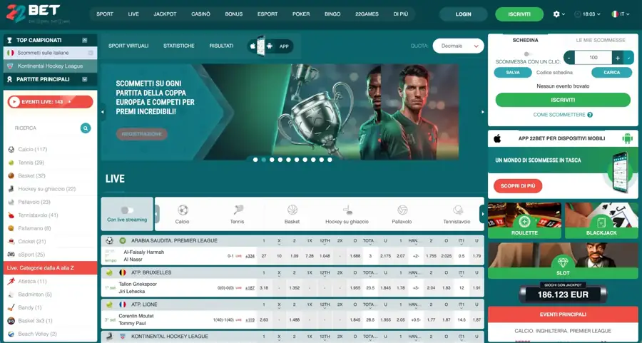 Screenshot del sito di 22Bet