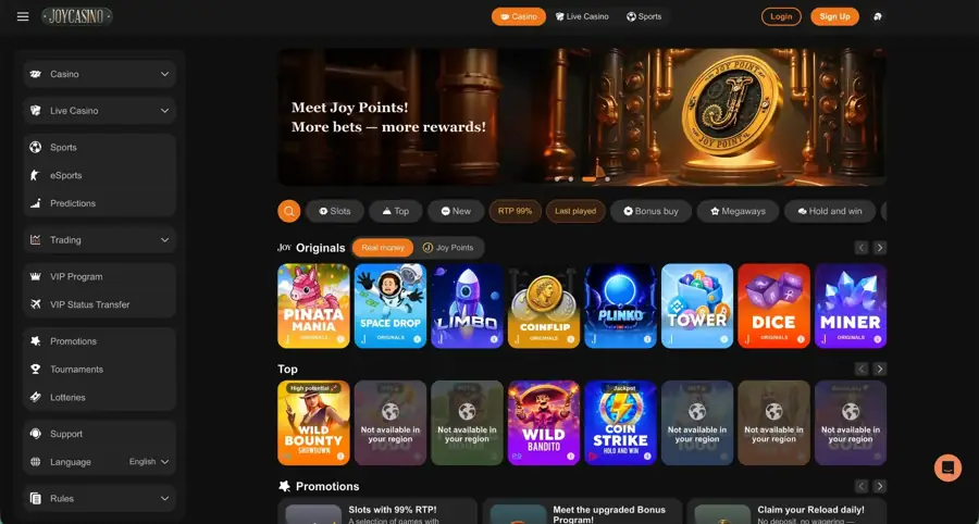 Screenshot del sito di JoyCasino
