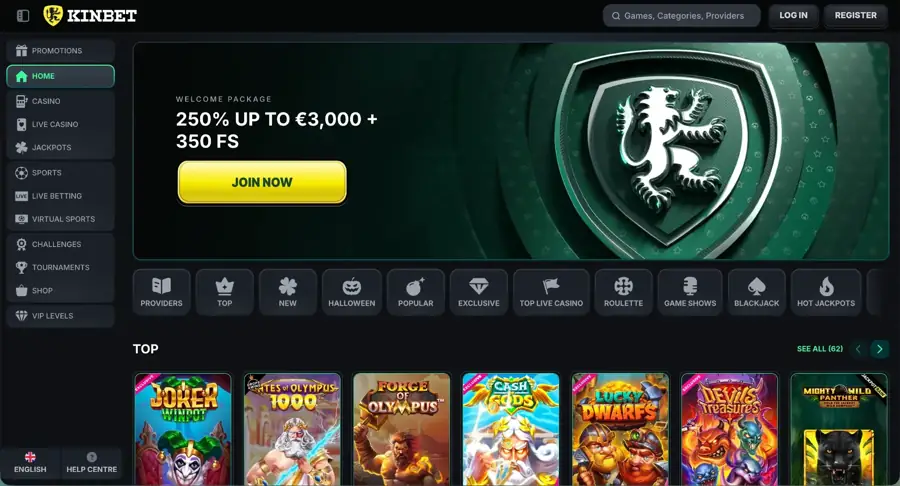 Screenshot del sito di Kinbet Casino