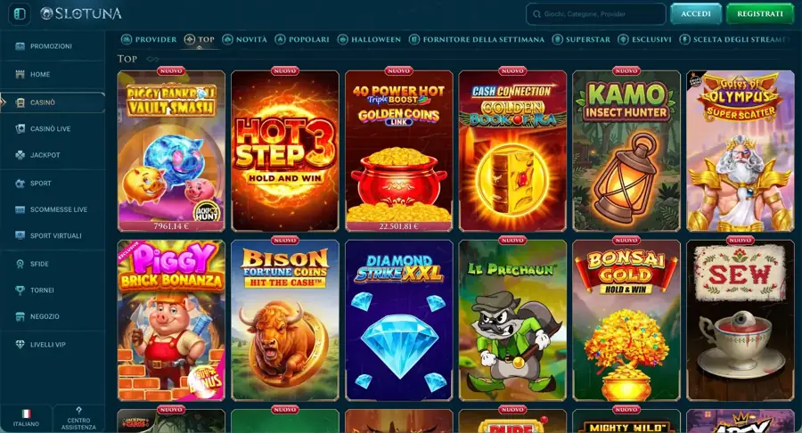 Screenshot del sito di Slotuna